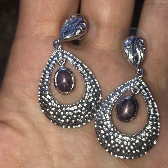 Natural Star Ruby Sterling Silver Dangle Earrings - Picture 2 of 8